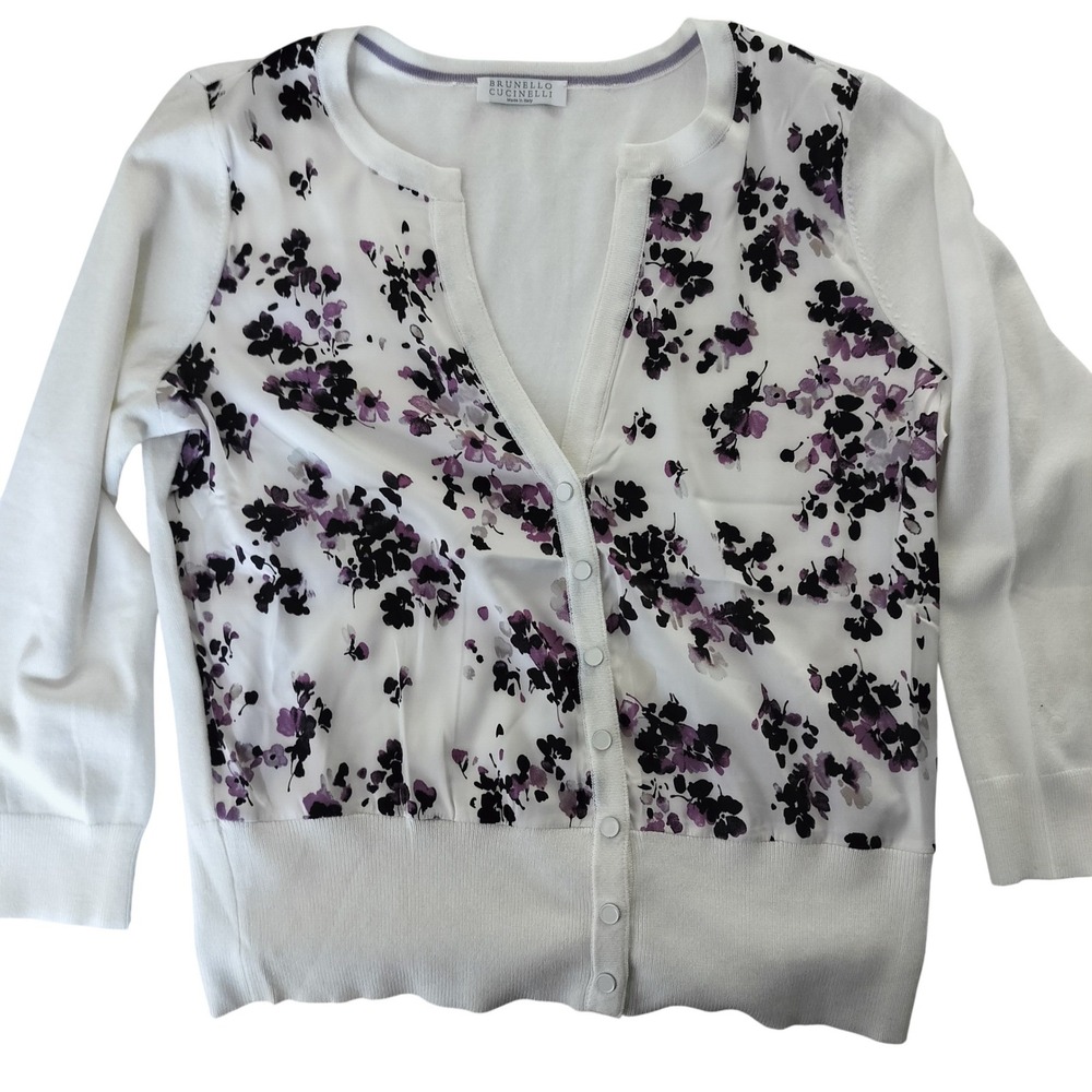 Brunello Cucinelli Silk Front Floral Cardigan White Purple Sweater 38 03408K113